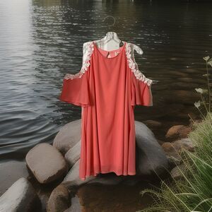 Cold Shoulder Chiffon and Lace XL Dress Coral Lined Dress Party Flowing Skirt